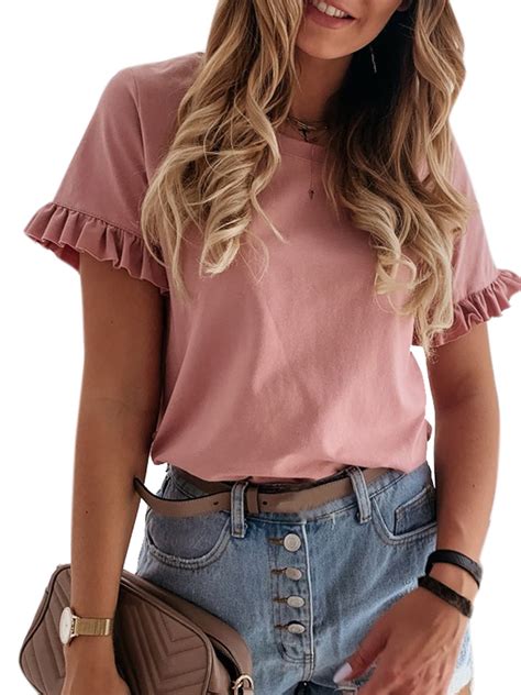 Wodstyle Short Sleeve Blouse Crew Neck Relaxed Fit Top Women S Pack Walmart Com