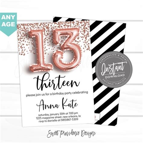 13th Birthday Invitation Any Age Editable Birthday Invitation Rose Gold Glitter Surprise