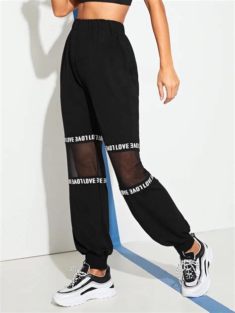 Contrast Mesh Letter Print Tape Panel Utility Pants Gagodeal Lace