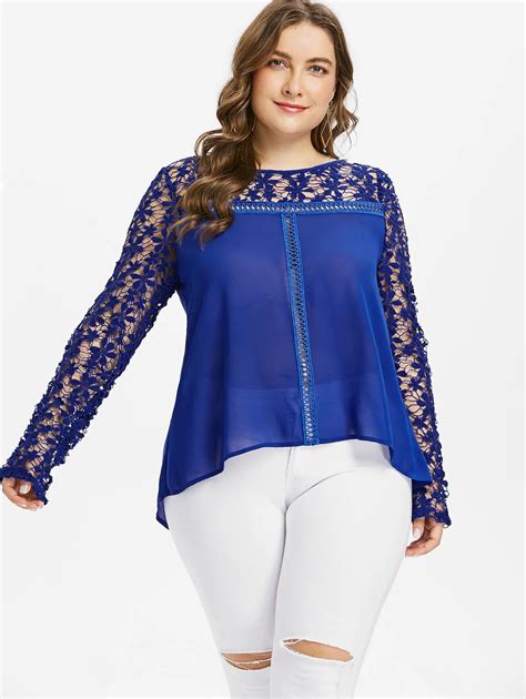 wipalo plus size hollow out floral lace sheer blouse women o neck full sleeve long shirts and