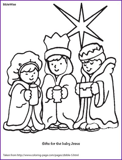 The scene of this sweet little baby in a manger, surrounded by mary, joseph the wise men and all of the animals, is serene. Coloring (Gifts for Baby Jesus) - Kids Korner - BibleWise ...
