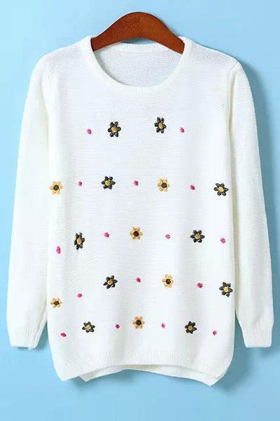 Flower Embroidery Jewel Neck Sweater