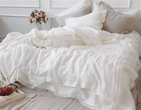 Linen Lace Bedding Set In Off White Optic White Natural Flax Etsy Uk