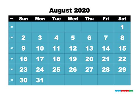 Monthly Printable Calendar 2020 August With Week Numbers