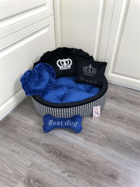 Black And Navy Luxury Dog Bed Personalized Prince Dog Bed Etsy Dog