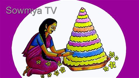 Bathukamma Drawing How To Draw Telangana Women Making Bathukamma Step