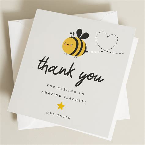 Custom Teacher Thank You Card Cute Bee Teacher Card Etsy Uk