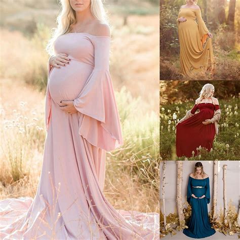 Plus Size Women Pregnant Off Shoulder Maxi Long Dress Maternity Ruffe