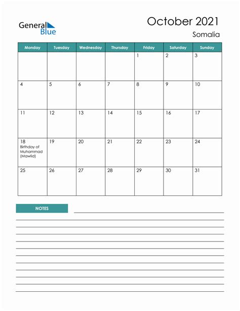 Monthly Planner With Somalia Holidays October 2021