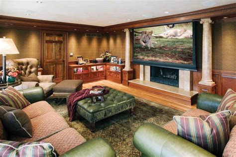 In some cases, there may not be enough room between the mantel and the ceiling to mount the tv. Projector Screen Over Fireplace - Traditional - Family ...