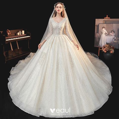 Best Ivory Bridal Wedding Dresses 2020 Ball Gown V Neck Long Sleeve Backless Sequins Beading