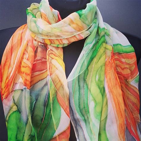 Hand Painted Silk Scarf Wearable Art With Orange Lilies On