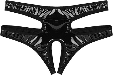 Dpois Womens Sexy Wet Look Faux Leather Hollow Out Briefs Crotchless