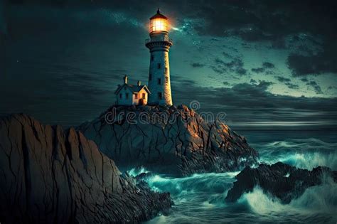 Lighthouses Lights Glowing In Night On Sea S Stone Shore Stock