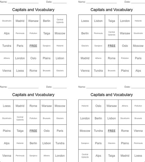 Capitals And Vocabulary Bingo Cards Wordmint