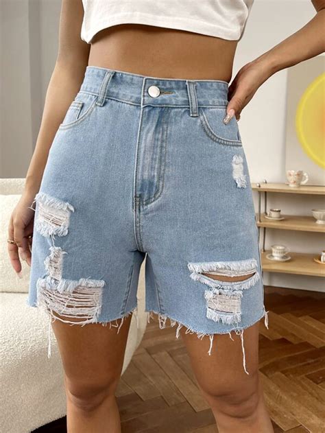 Shein Ezwear Ripped Raw Hem Denim Shorts Shein Uk