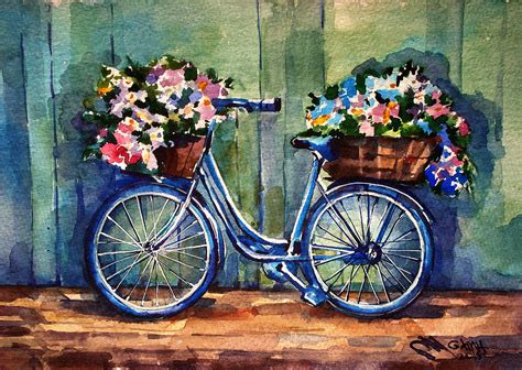 Blue Bicycle With Two Flower Bas Painting By Ganna Melnychenko
