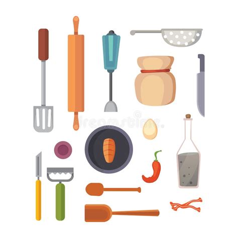 Vector Set Kitchen Utensils Cooking Tools Flat Style Cook Equipment