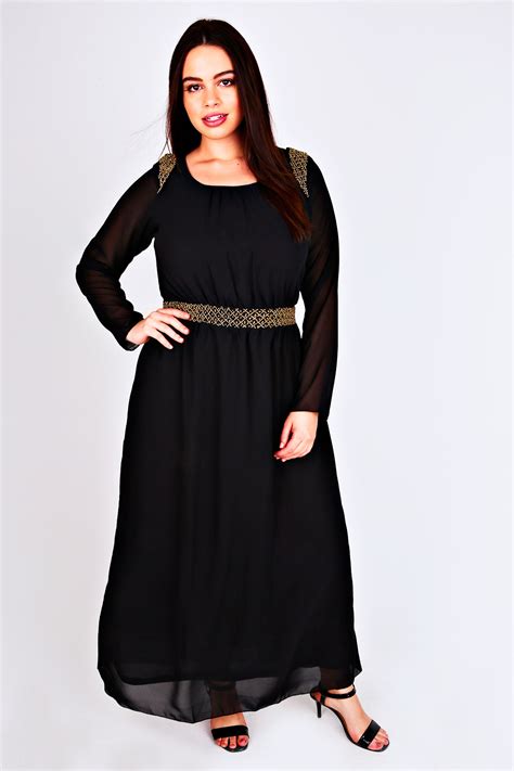 Black Chiffon Maxi Dress With Embellished Shoulders And Waistband Plus