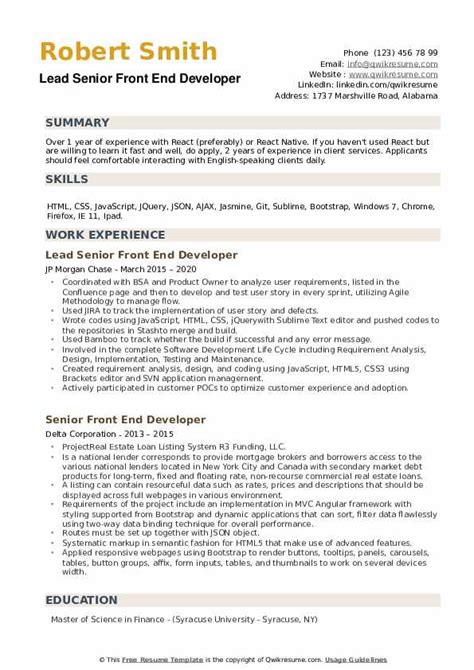 Review our writing tips to learn everything you need to front end development is an incredible art; Senior Front End Developer Resume Samples | QwikResume