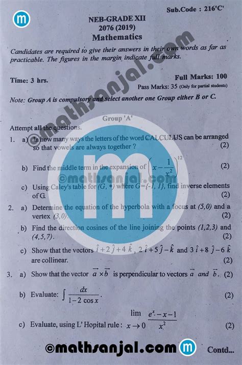 Mathematics Question Paper 2076 2019 Grade 12 Xii Sub Code
