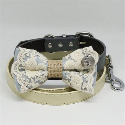 Harbor Mist Lace Dog Bow Tie Collar Leash Live Laugh Love Charm And