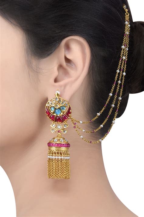 Silver Gold Plated Lotus Moon Jhumki Hair Chain Earrings