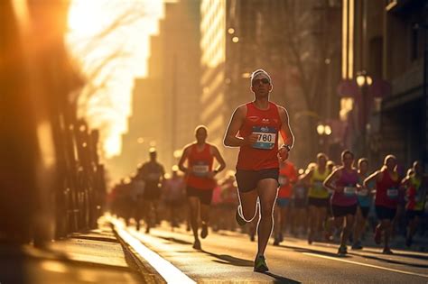 Premium Ai Image Urban Street Marathon Race Bathed In Sunlight