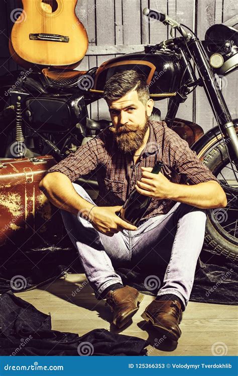 Bearded Man Hipster Biker Stock Image Image Of Garage 125366353
