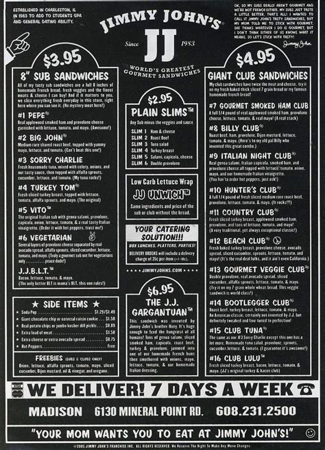 Menu Of Jimmy Johns Gourmet Sandwiches In Mahomet Il 61853