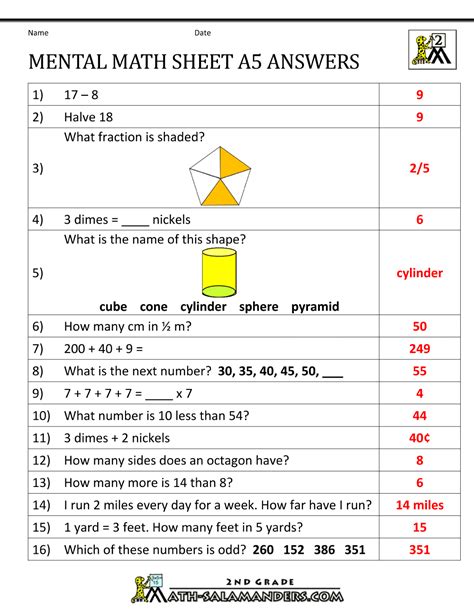 Dictate the numbers and have students students ask their classmates questions requiring a yes or no answer in order to determine their number. 2nd Grade Mental Math Worksheets