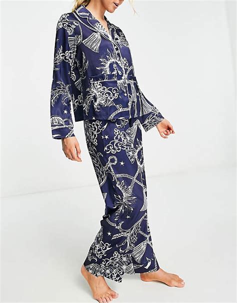 Asos Design Satin Celestial Baroque Shirt And Pants Pajama Set In Navy