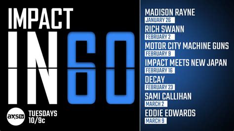 This simple schedule provides the showtime of upcoming and past programs playing on the network axs tv. IMPACT! on AXS TV Preview - February 9, 2021 - IMPACT ...