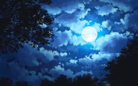 Anime Landscape Night Moon Clouds Trees Sky For Macbook Pro 15