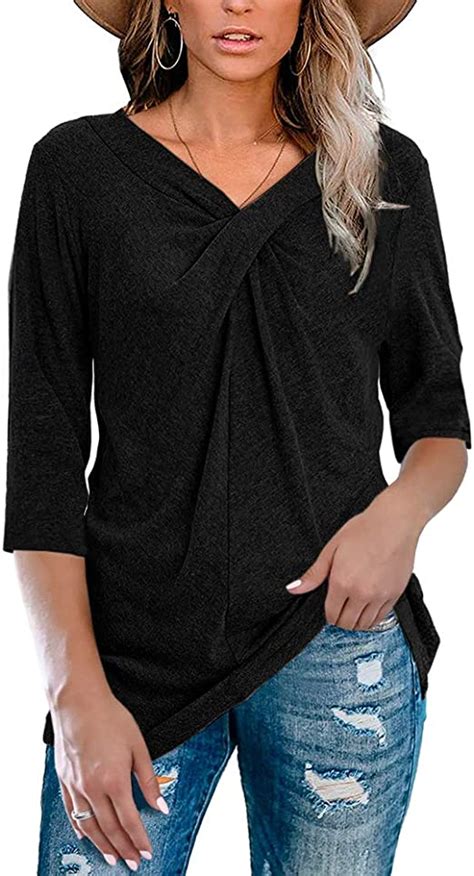 Womens 3 4 Sleeve V Neck T Shirt Plus Size Casual Cross Knot Loose Tunic Tops Au