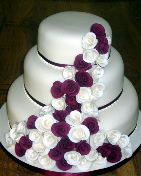 3 Tier Stacked Wedding Cake With Claret And Ivory Roses Susies Cakes