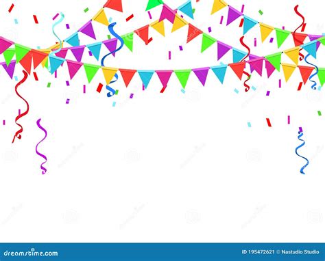 Colorful Party Flags With Confetti And Ribbons Falling On Transparent