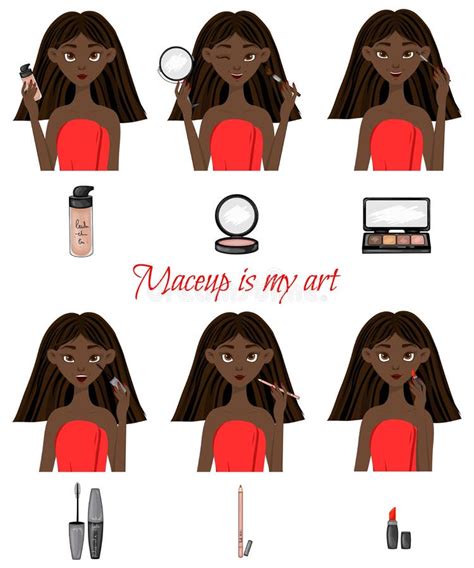 Dark Skinned Girl Before And After Applying Makeup Cartoon Style Stock Illustration