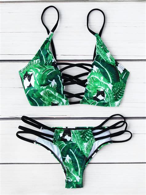 Shein Leaf Print Criss Cross Bikini Set Iskra Lawrence Wearing Palm Tree Print Bikini