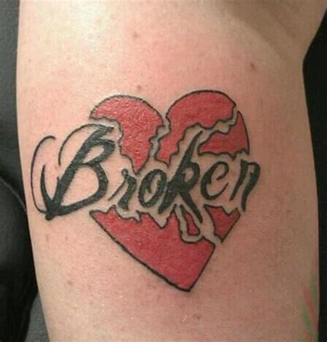Black And Red Texted Broken Heart Tattoo On Body