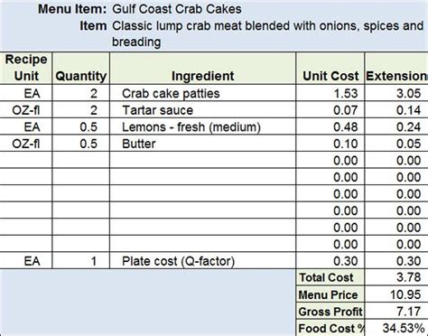 Menu And Recipe Cost Spreadsheet Template Restaurant Business Plans