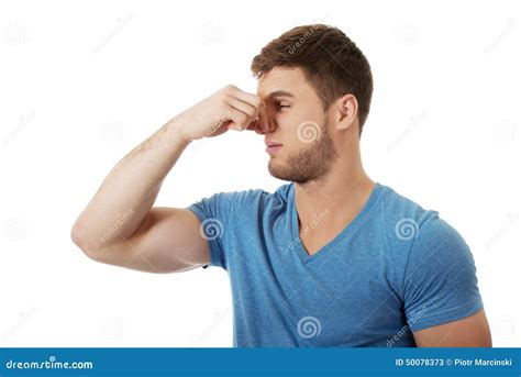 Young Man Pinching His Nose Stock Image Image Of People Disgusted