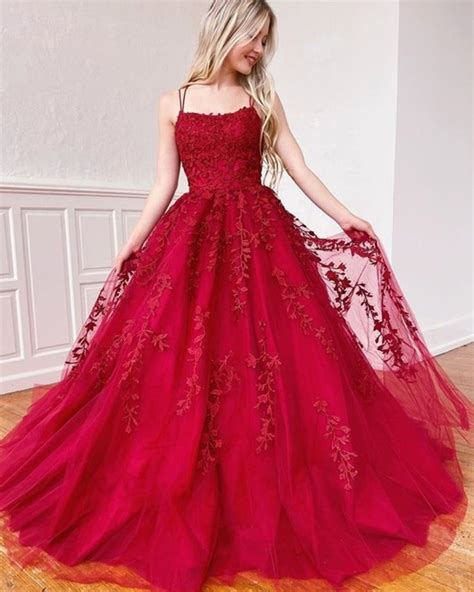 Spaghetti Straps Lace Applique Red Prom Dress Pm1968 Ball Gowns Lace Formal Dress Prom Dresses