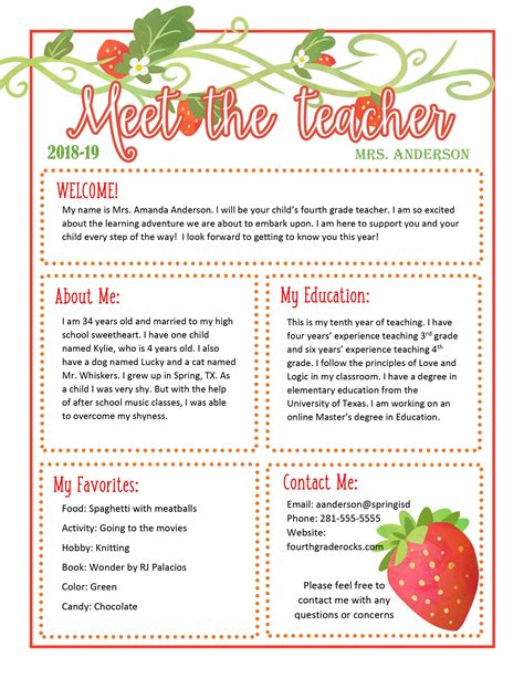 Meet The Teacher Strawberry Themed Newsletter Template Doc Is