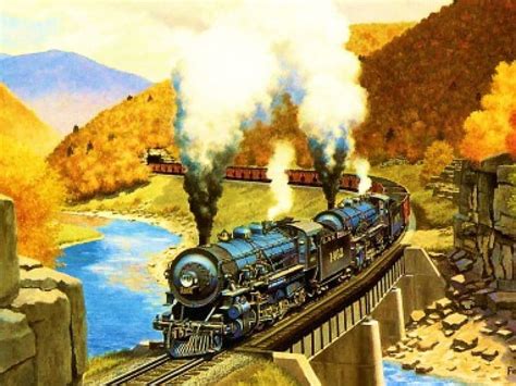 Vintage Train Locomotives Railway Bridge Painting Steam Hd