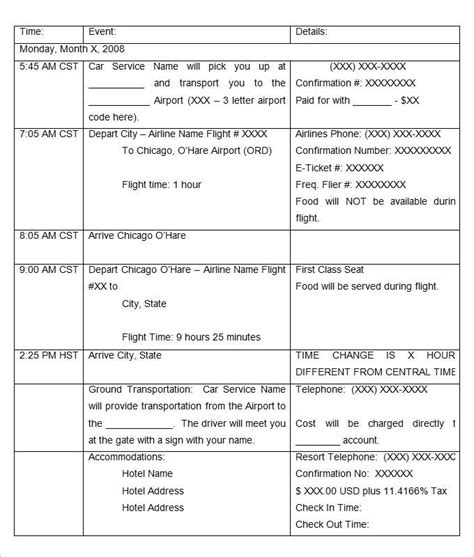 Notes transportation date from where to where type cost reservation required? 5+ Holiday Itinerary Templates - Word, Excel | Free ...