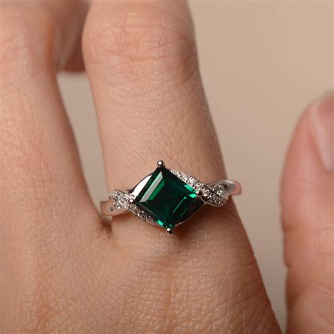 Emerald Ring Sterling Silver Square Cut Engagement Ring For Etsy