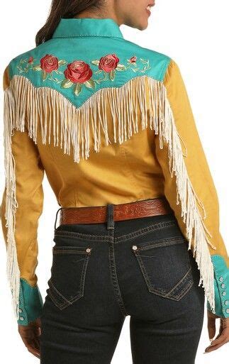 Women S Retro Fringe Long Sleeve Snap Shirt Rock And Roll Denim Vintage Western Wear Rodeo