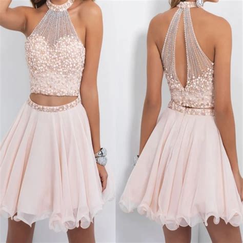 Sexy Two Pieces Nude Pink Short Prom Dresses 2017 Custom Mad High Neck