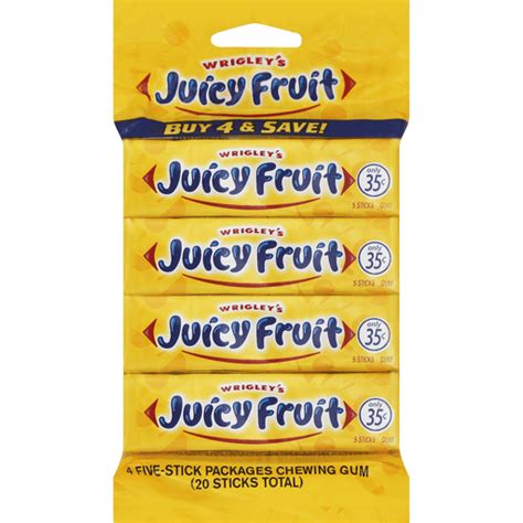 Juicy Fruit Original Bubble Gum 5 Stick Pack Of 4 Chicle Selectos